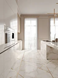 Marble-effect porcelain tiles in the living room kitchen interior