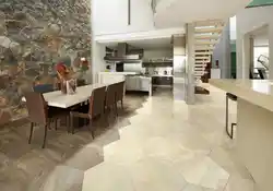 Marble-Effect Porcelain Tiles In The Living Room Kitchen Interior