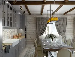 White kitchen interior in a timber house