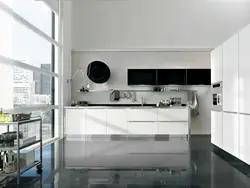 Kitchen without handles white glossy in the interior