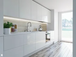 Kitchen without handles white glossy in the interior