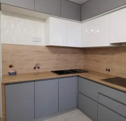 Gray white kitchens with wooden countertops photo