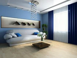Living room design with blue wallpaper