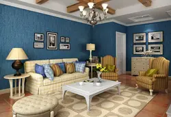 Living room design with blue wallpaper