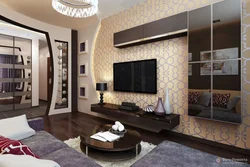 Шкаф купе в интерьере гостиной 18 кв