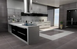 Brown tiles on the floor in the kitchen interior