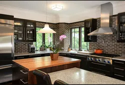 Brown tiles on the floor in the kitchen interior