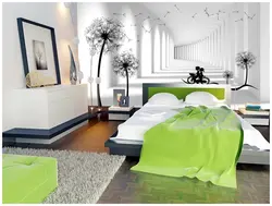 Wallpaper with dandelions in the bedroom interior