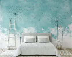 Wallpaper with dandelions in the bedroom interior