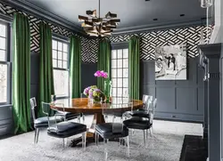 Emerald curtains in the kitchen design