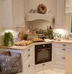 Photo of a kitchen with a corner hood