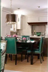 Photo of a kitchen with green chairs