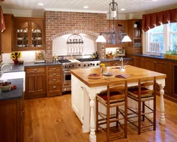 Photo of a kitchen made of wood and brick