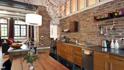 Photo of a kitchen made of wood and brick