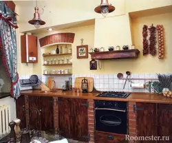 Photo of a kitchen made of wood and brick