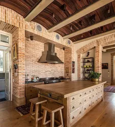 Photo of a kitchen made of wood and brick