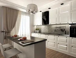 Light kitchen design with dark apron