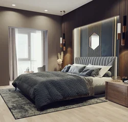 Brown bed in the bedroom interior photo