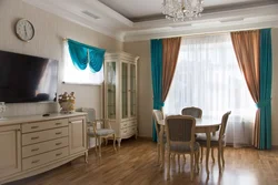 Kitchen interior with turquoise curtains photo
