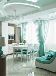 Kitchen interior with turquoise curtains photo