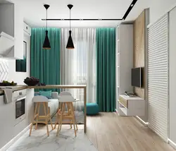 Kitchen interior with turquoise curtains photo