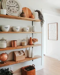 Kitchen decor on shelves photo