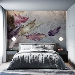Wallpaper feathers in the bedroom interior photo