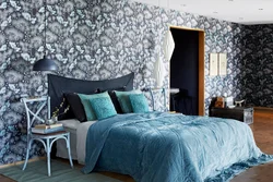 Wallpaper feathers in the bedroom interior photo