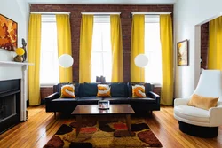 Interior with mustard curtains living room photo