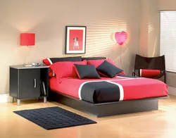 Bedroom interior with red bed