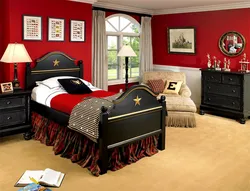 Bedroom interior with red bed