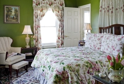 Colored curtains in the bedroom interior photo