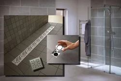 Shower with drain in bathroom photo