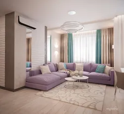 Zamonaviy uslubdagi oshxona bilan yashash xonasi foto lilac