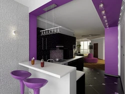 Living room with kitchen in a modern style photo lilac