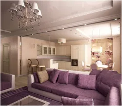 Living room with kitchen in a modern style photo lilac