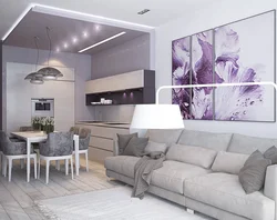 Living room with kitchen in a modern style photo lilac