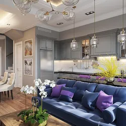 Zamonaviy uslubdagi oshxona bilan yashash xonasi foto lilac