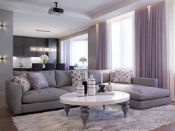 Müasir üslubda mətbəx ilə qonaq otağı foto lilac