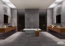 Bathroom design gray porcelain tiles and wood