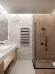 Bathroom design gray porcelain tiles and wood