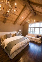 Bedroom design in a house with a wooden ceiling