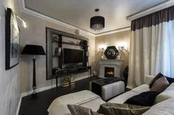 Living room design in Khrushchev with a fireplace