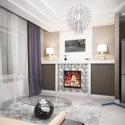Living room design in Khrushchev with a fireplace