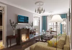 Living room design in Khrushchev with a fireplace