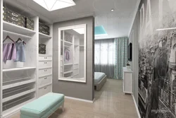 Balkon va kiyinish xonasi bilan yotoq xonasi dizayni