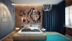 Curtains on the wall in the bedroom interior