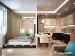 Studio design with bed and sofa and kitchen