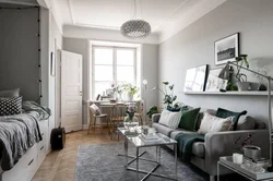 Interior in Scandinavian style living room and bedroom in one