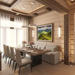 Design in a wooden house kitchen living room